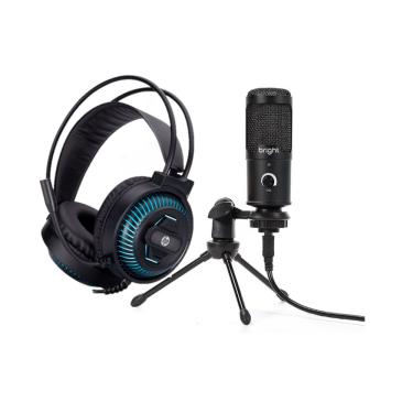 Imagem de Microfone Bright Streamer de Mesa RGB, Usb ST001 + Headset Gamer Usb P2 DHE 8001