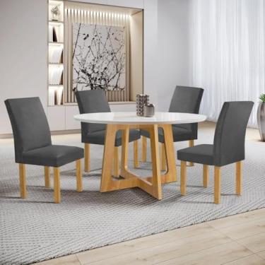 Imagem de Conjunto Mesa Arizona 120cm com 4 Cadeiras Canela Tampo Redondo Plus com Vidro Cinamomo/off White/veludo Cinza