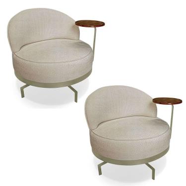 Imagem de Kit 2 Poltronas Decorativa Andromeda Linho Bouclê Base Giratória De Ferro - Pallazio Cor Bege