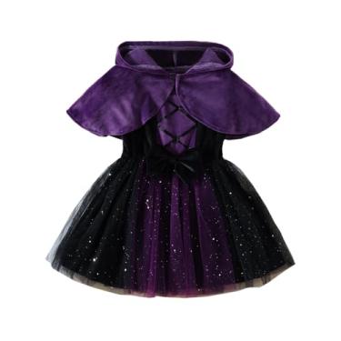 Imagem de MJBGSHOW Halloween Toddler-Girls Witch Costume:Kids Purple Witch Hooded Cape-Sleeveless Tulle Dress Velvet Cloak 2 Pieces Set 4T-5T
