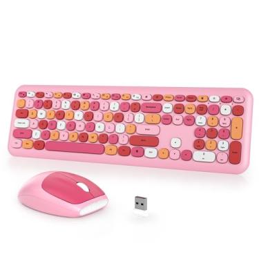 Imagem de iTastatur Combo de teclado e mouse sem fio para máquina de escrever, 2,4 G, escritório, 104 teclas, retrô, punk de tamanho real, lindo teclado rosa silencioso com teclas redondas para laptop, PC,