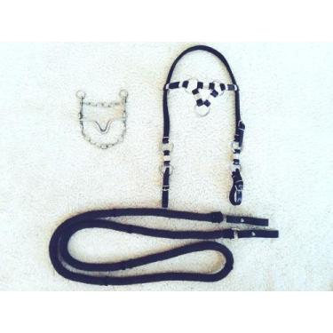 Imagem de Cabeçada Couro 3 Argolas Redea De Lã Torcida Freio Para Cavalo - Selar