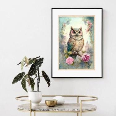 Imagem de Quadro Vintage Coruja  - 60x48cm - Quadros On-line, Moldura Branca