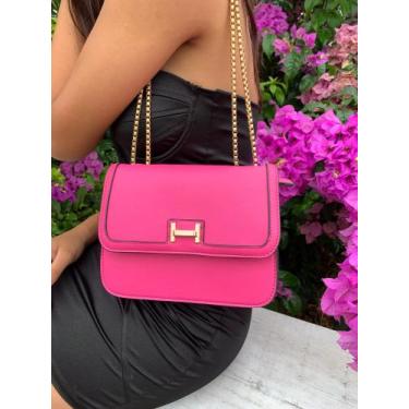 Imagem de Bolsa pink feminina alça transversal dourada luxuosa - Bolsas da maah
