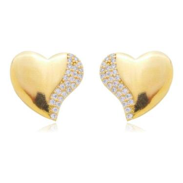 Imagem de Brinco Coração Pedra Zircônia Banhado a Ouro 18k Feminino - Enzara Jói