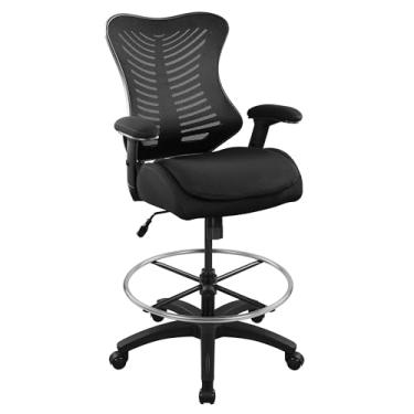 Imagem de LONGBOSS Cadeira de escritório alta de malha para computador, banco de mesa em pé com suporte lombar, almofada de assento duplo, apoio de braço ajustável em altura e anel de pé ajustável - preto