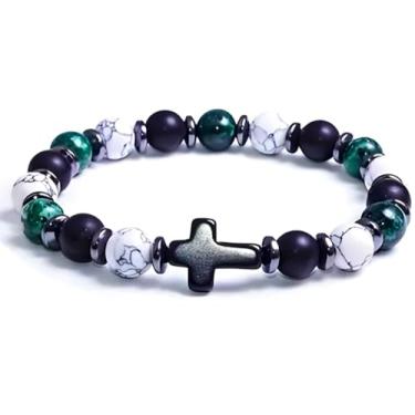 Imagem de BLUE HOPE Pulseira vintage chique com contas - Contas redondas de 8 mm com pingente de cruz preta, acessório diário perfeito e presente, disponível em 6 cores deslumbrantes, 7.48, Aço inoxidável, cruz