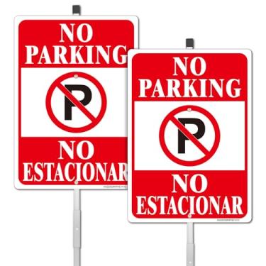 Imagem de Placa bilíngue inglês espanhol sem estacionamento, pacote com 2 unidades de alumínio refletivo de 35 cm x 25 cm, conjunto de estacas de metal de 91 cm, proteção UV, resistente ao desbotamento, placa