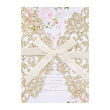 Imagem de Maffily 50 peças de convite de casamento de corte a laser com glitter dourado com envelopes RSVP cartões e fitas cartão em branco convites para 15 anos personalizados quinceañera chá de bebê festa