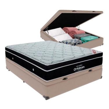 Imagem de Cama Box Baú Casal Bege + Colchão Elegant Molas Ensacadas Ortobom