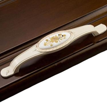 Imagem de Puxadores de porta de guarda-roupa vintage antigos, liga de zinco, cerâmica, puxadores de gaveta, estilo, puxadores de móveis, ferragens, flor dourada 128 mm