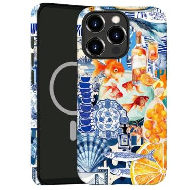 Imagem de kiritfox Capa magnética para iPhone 14 Pro Max, capa rígida híbrida de 2 camadas, à prova de choque para meninas e mulheres [compatível com MagSafe] - Colagem de frutas e conchas de tubarão