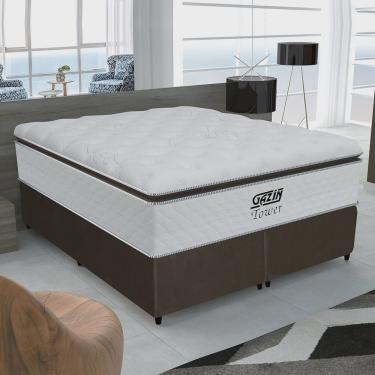 Imagem de Cama Box Queen Colchão De Molas Pocket Ensacadas Tower Gazin 158x198x72cm Branco / Marrom