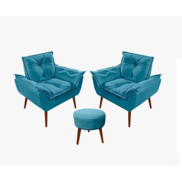 Imagem de Kit C/02 Poltronas Opala + 01 Puff Redondo Danny Suede Azul Turquesa -