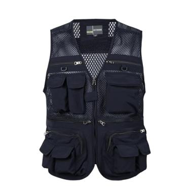 Imagem de Colete De Pesca Com Bolsos Masculino, Colete Masculino Plus Size Verão Ao Ar Livre Malha Respirável Zíper Multi Colete, Jaqueta Tática De Trabalho Destacável Para Viagem Safari(Dark blue,5X-Large)