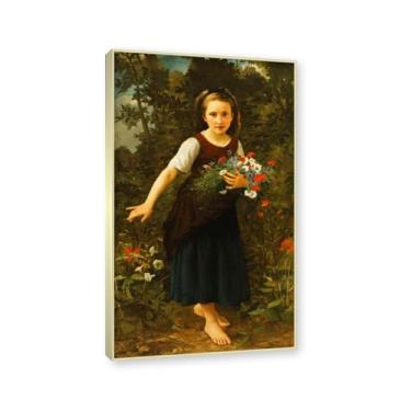 Imagem de NHLDZYH Moldura dourada champanhe. William Adolphe Bouguereau, impressão clássica, (menina segurando flores), cartaz temático de mitologia grega, decoração de parede para cozinha, quarto. 80x136cm