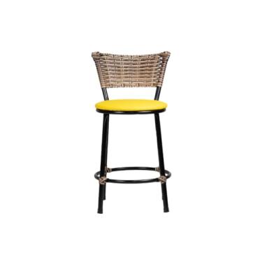 Imagem de Banqueta Baixa com Encosto em Junco Cappuccino Assento em Corino e Estrutura de Aço Preto Ideal para Cozinhas Áreas Gourmet e Varandas (AMARELO)