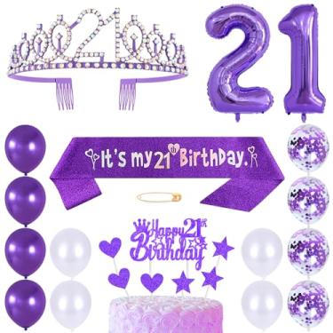 Imagem de Huture Tiara De Princesa, Coroa Rainha, Tiaras Strass, Topos Bolo, Balões Hélio Número 21, Decoração Látex Roxos Para Festa Aniversário 21 Anos Feminina