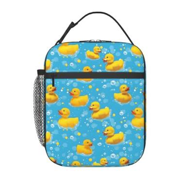 Imagem de VODRM Lancheira de pato de borracha para crianças, bolsa térmica divertida de patos amarelos brincalhões para estudantes, bolha azul, reutilizável, isolamento térmico, sacolas térmicas para escola