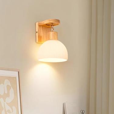 Imagem de GZZBMY Luminária de parede interna E27 com sombra de vidro, candeeiro de parede moderno de madeira nórdica, candeeiros de cabeceira vintage para quarto, sala de estar, corredor (sem lâmpada) (C)