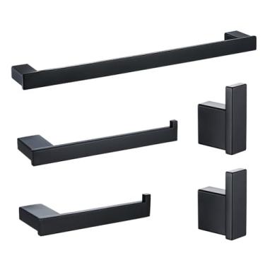 Imagem de Ganchos de banheiro de aço inoxidável preto - Suporte de papel higiênico de parede, barra de toalhas - Acessórios de cozinha e banho, conjunto de banheiro de 5 peças