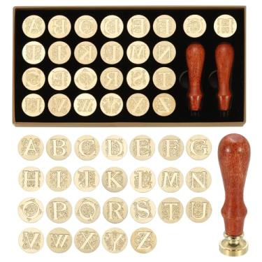 Imagem de PATIKIL Kit de selos de cera de alfabeto A-Z com 26 letras, carimbo vintage com 2 alças de madeira, caixa de presente para convite de casamento, festa, embrulho de presente, cartão de envelope, estilo