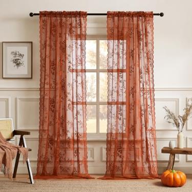 Imagem de Cortinas de renda terracota 227 cm de comprimento, ferrugem, floral, transparente, para sala de estar, quarto, bolso de varão, filtragem de luz, cortinas de renda francesa para decoração de sala de