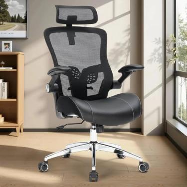 Imagem de Cadeira de escritório ergonômica - 181 kg grande e alta resistente, almofada de espuma de modelagem 3D larga e macia, cadeira de escritório em casa com encosto de cabeça ajustável, cadeira executiva