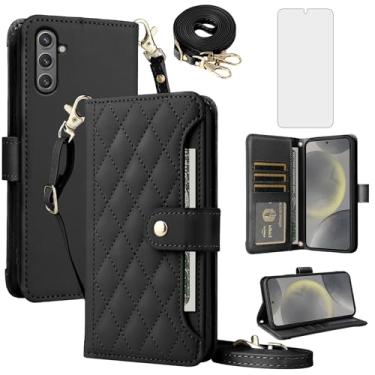 Imagem de Furill Capa de celular para Samsung Galaxy S24 FE 5G carteira de celular com protetor de tela de vidro temperado alça flip suporte acessórios suporte cordão S 24 EF AI S24FE 24S mulheres meninas preto