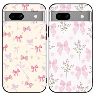 Imagem de Zrutru Pacote com 2 capas de telefone com laço rosa para Google Pixel 7A 5G 6,1 polegadas, desenhos animados fofos, kawaii, laço floral, estampa floral, design estético, capa protetora de TPU preto