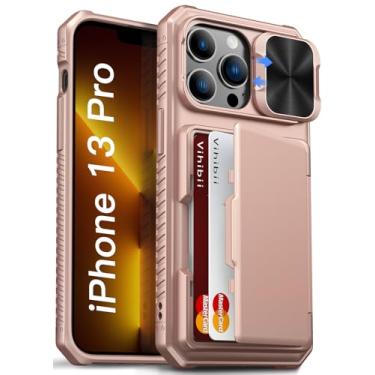 Imagem de Vihibii Capa carteira para iPhone 13 Pro com suporte para cartão (4 cartões), [bloqueio RFID] e capa de câmera com lente deslizante e bordas elevadas protegem a tela, capa de celular robusta à prova