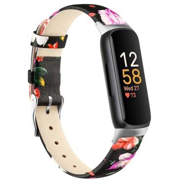 Imagem de AK Pulseira de couro compatível com Fitbit Inspire 3 para mulheres e homens, pulseira de substituição de couro de grão superior clássico macio para Fitbit Inspire 3 Fitness Tracker (rosa floral)