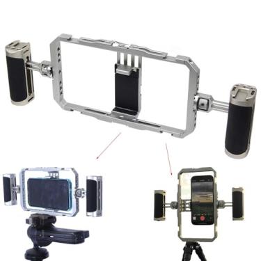 Imagem de Suporte duplo estabilizador de metal portátil para fotografia inteligente de celular, gaiola universal totalmente cercada para celular inteligente, suporta disparo vertical e horizontal