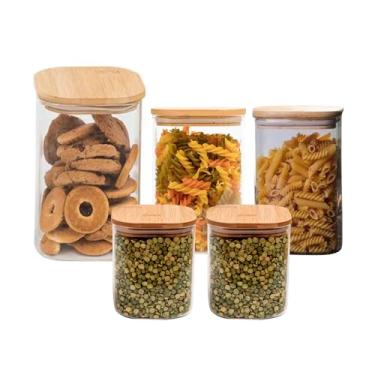 Imagem de Conjunto de Potes Herméticos Borossilicato com Tampa de Bambu, 5 Peças, 1x1350ml + 2x1100ml + 2x740ml, Vidro Quadrado