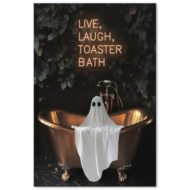 Imagem de MWZUPQ Pôster de fantasma de banho gótico de Halloween Dark Horror Fun Banheira Arte de parede Live Laugh Toaster Ghost impressões em tela para banheiro banheiro decoração de parede 40,6 x 61 cm sem