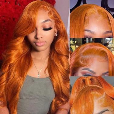 Imagem de Aicrelery Peruca laranja gengibre peruca frontal de cabelo humano pré-arrancado ondulado 13x6 HD peruca frontal de renda transparente para mulheres 180% densidade laranja colorido perucas sem cola