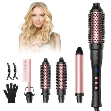 Imagem de Modelador de cachos rosa 5 em 1, conjunto de varinha de cachos e ferramenta de cabelo com escova térmica, pente quente de configuração de aquecimento de 12 temperaturas, modelador de cachos de