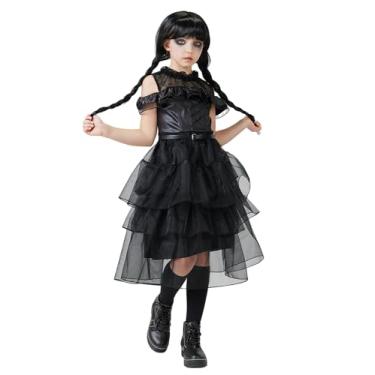 Imagem de Vestido gótico preto para meninas, fantasia de Halloween com cinto de peruca, 4 peças, conjunto de terno infantil para meninas, cosplay, festa, roupa vintage, Preto, P