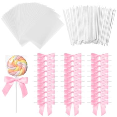 Imagem de AmazingSpark 100 sacos de guloseimas transparentes de celofane com palitos e laços rosa para embrulhar presentes, assar, biscoitos, doces, krispie de arroz, sobremesas, embalagens de lembrancinhas de