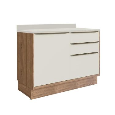Imagem de Balcão Cozinha Modular Édez Uno, 1 Portas e 3 Gavetas e Tampo, Off White e Louro Freijó, 120 cm