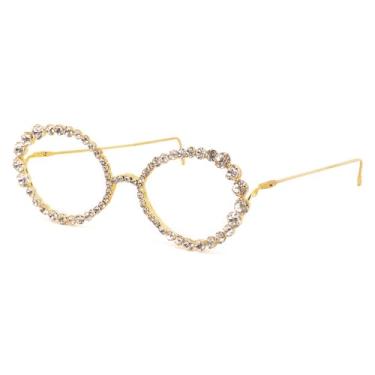 Imagem de Naimo Armação de óculos de strass cintilante, sem lentes, armação de metal, retrô, vintage, armação de óculos, Ouro redondo