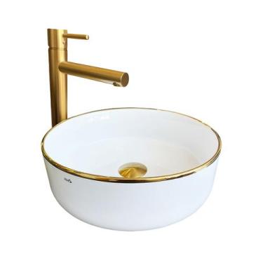 Imagem de Cuba para Banheiro Cerâmica Branca e Dourada Redonda 35cm Reno RC 35