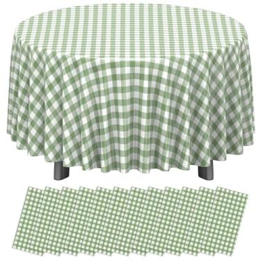 Imagem de Pacote com 12 toalhas de mesa redondas de plástico verde sálvia, xadrez, descartável, verde sálvia, para festas, toalha de mesa redonda para chá de bebê, piquenique, aniversário, 203 cm