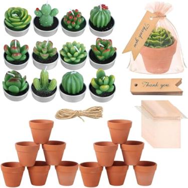 Imagem de 12 conjuntos de velas suculentas presentes com vasos de terracota, mini vela de cacto com bolsa de organza, etiqueta de agradecimento, barbante, para chuveiro, casamento, aniversário, festa, decoração