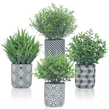 Imagem de BLISOUL Pacote com 4 plantas falsas pequenas, plantas de grama falsa, buxo artificial e alecrim, lavanda com vasos de cimento de padrão geométrico, vegetação sintética em vaso pequeno para decoração