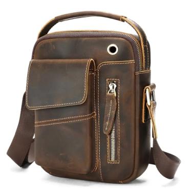 Imagem de Bolsa mensageiro masculina de couro genuíno com aba e alça ajustável, 6059-darkcoffee, Small