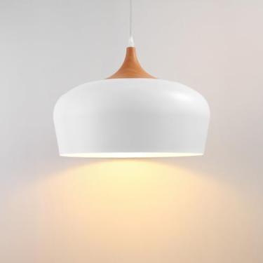 Imagem de Luminária pendente de madeira moderna grande de 35 cm, luminária pendente branca ajustável, luzes suspensas de teto em cúpula para ilha de cozinha, sala de jantar