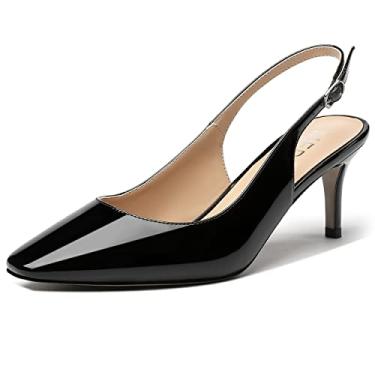 Imagem de MERRORI Sapato feminino Slingback stiletto salto médio bico quadrado patente Dess sapatos femininos 2,5 polegadas, Preto, 36