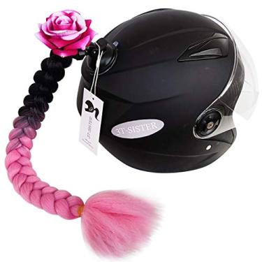 Imagem de 3T-SISTER Capacete Tranças Rosa Rosa Capacete Tranças Rabo de Cavalo Capacete com Ventosa para Motocicleta, 1 peça, Ombre, Preto a Rosa (Capacete não Incluído)