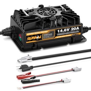 Imagem de Carregador de bateria Suraziki 12V 20A Lítio LiFePO4, carregador de bateria LiFePO4 de 14,6 V, impermeável, conector rápido Anderson, carregador de manutenção ativado BMS de 0V para trailers de barco